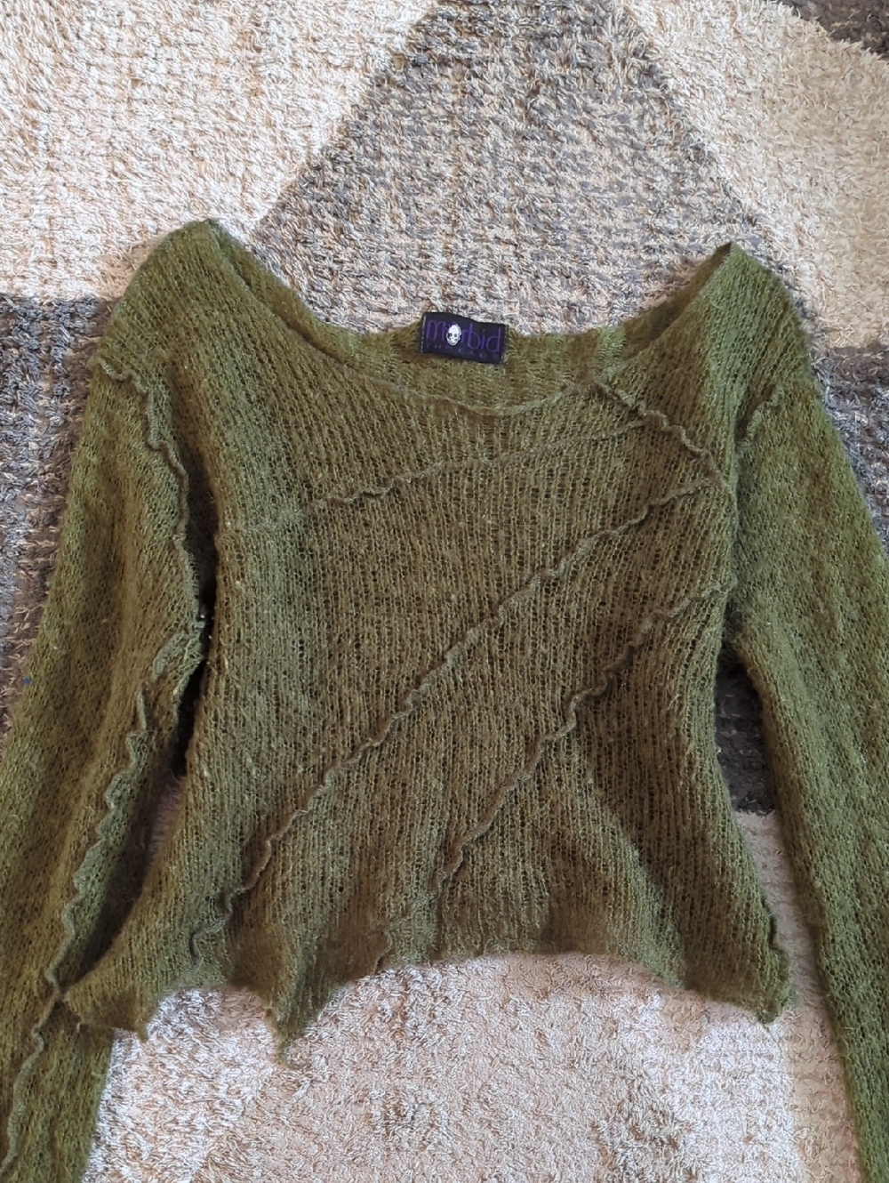 Vintage Morbid Threads Y2K Distress Lacy Knitted Long Sleeve Top Army Green
